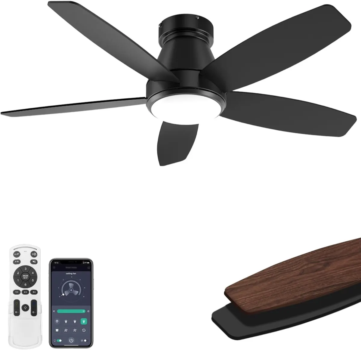 Ventilador de teto compacto na cor preta, com luminária, controle remoto e pás extras