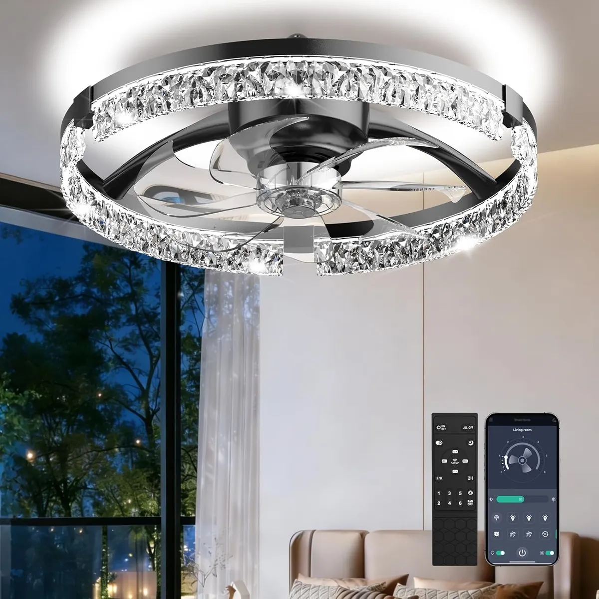 Lustre ventilador com anel de cristais, com o controle remoto ao lado