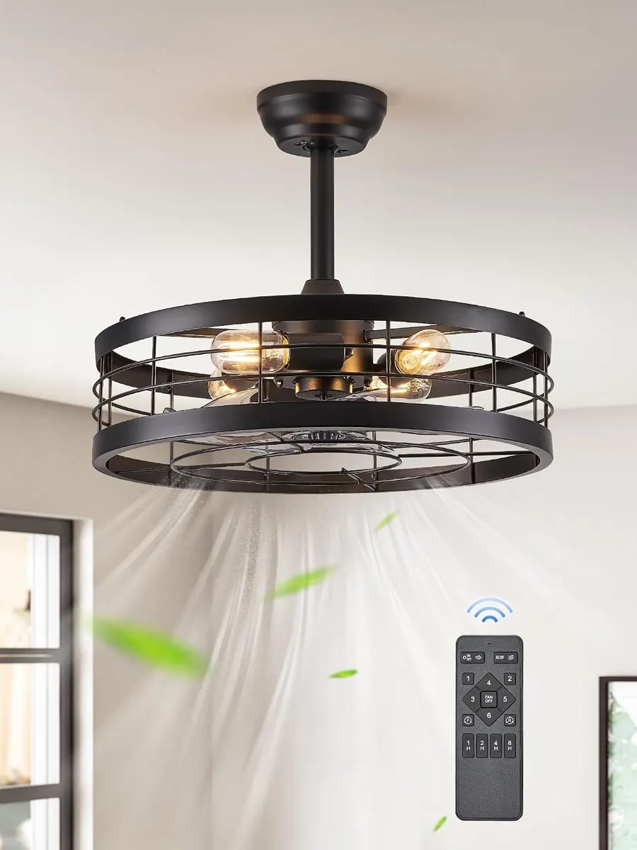 Lustre ventilador estilo gaiola na cor preta