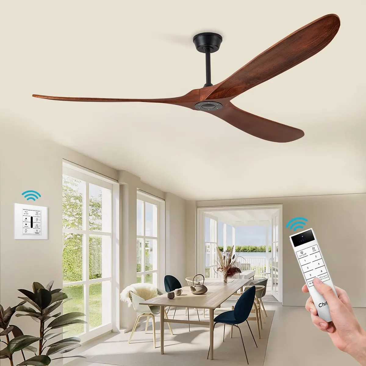 Ventilador de teto com pás de madeira e luminária integrada