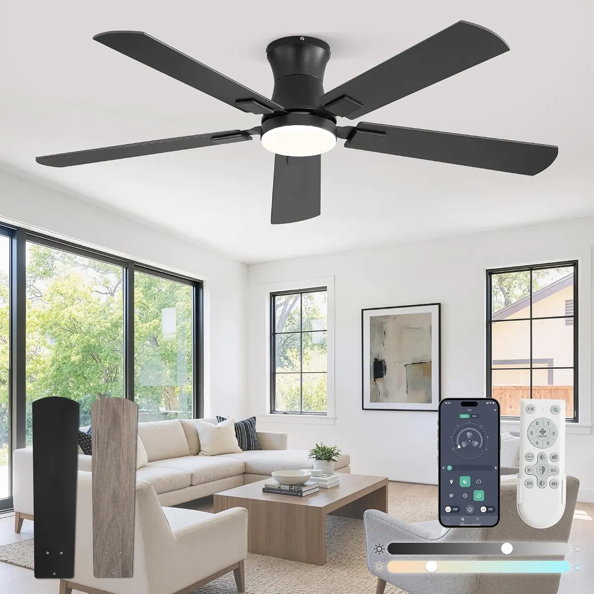 Ventilador de teto preto de cinco pás com luminária embutida em uma sala clara